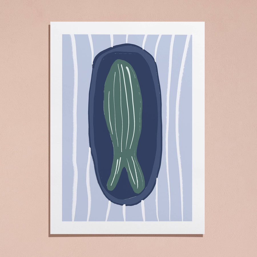 Green Fish on Navy Blue Plate