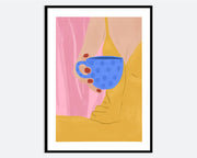 Woman in Yellow Dress with Blue Cup