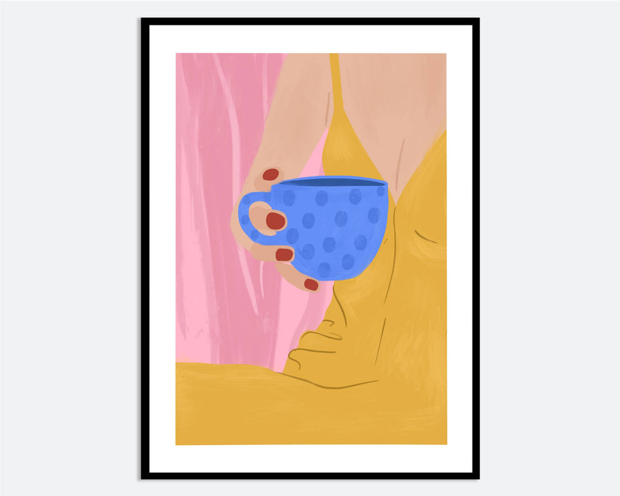 Woman in Yellow Dress with Blue Cup