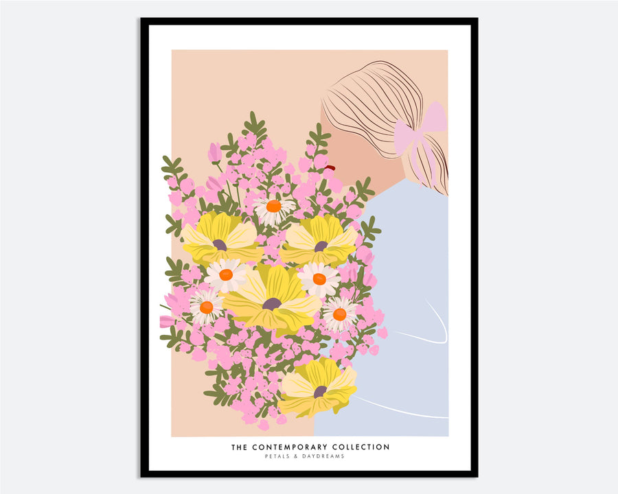 Girl with Yellow and Pink Flower Bouquet