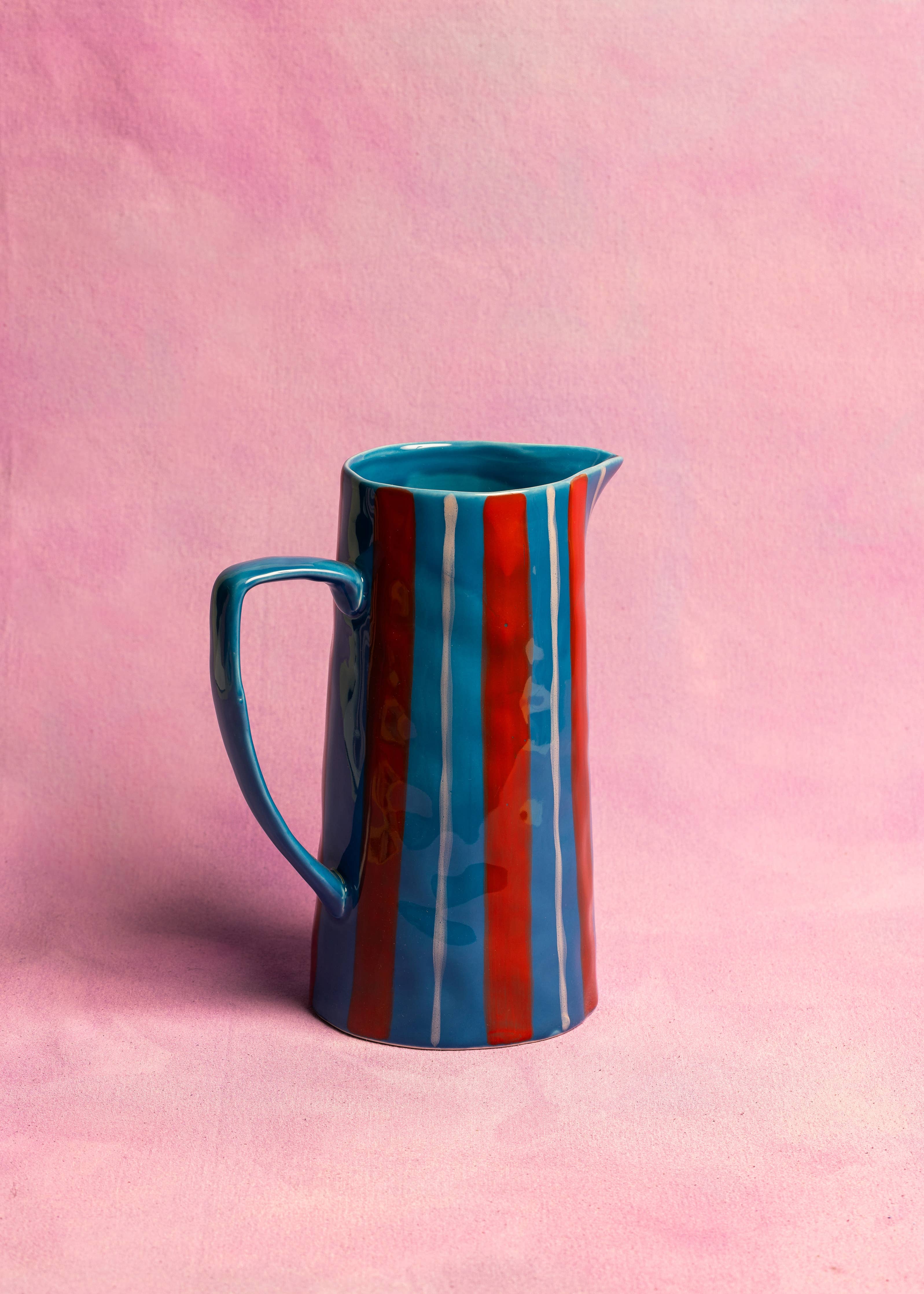 Hand-Painted Striped Jug — Light Blue / Red