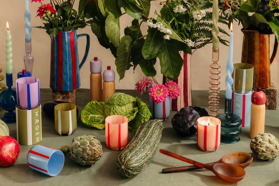 Hand-Painted Striped Jug — Light Blue / Red