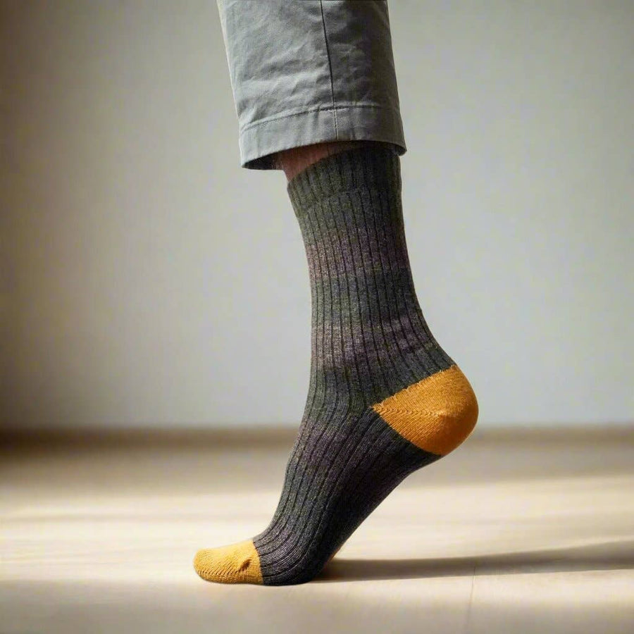 KLUE Merino Wool socks with Stripes | Khaki and Yellow
