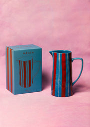 Hand-Painted Striped Jug — Light Blue / Red