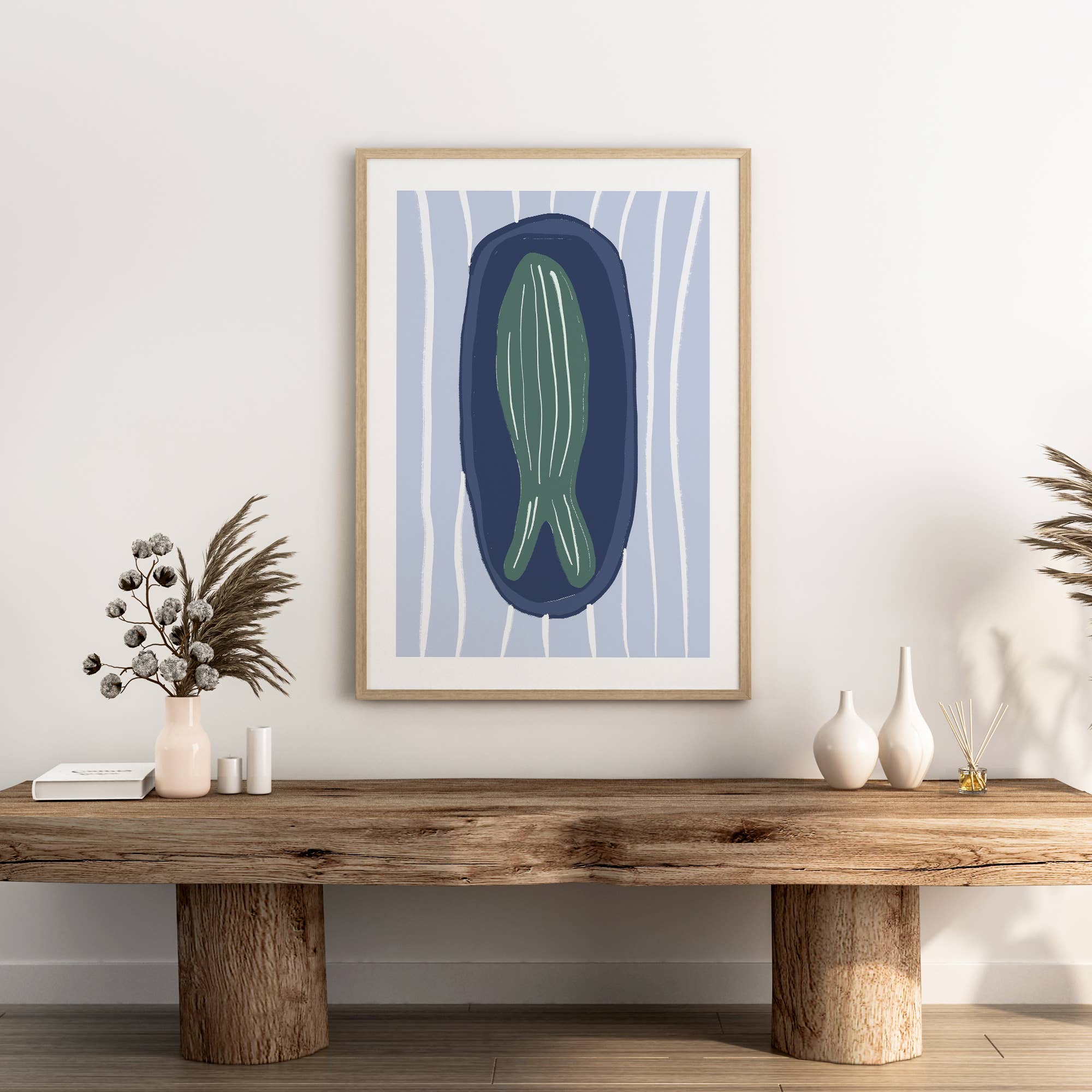 Green Fish on Navy Blue Plate