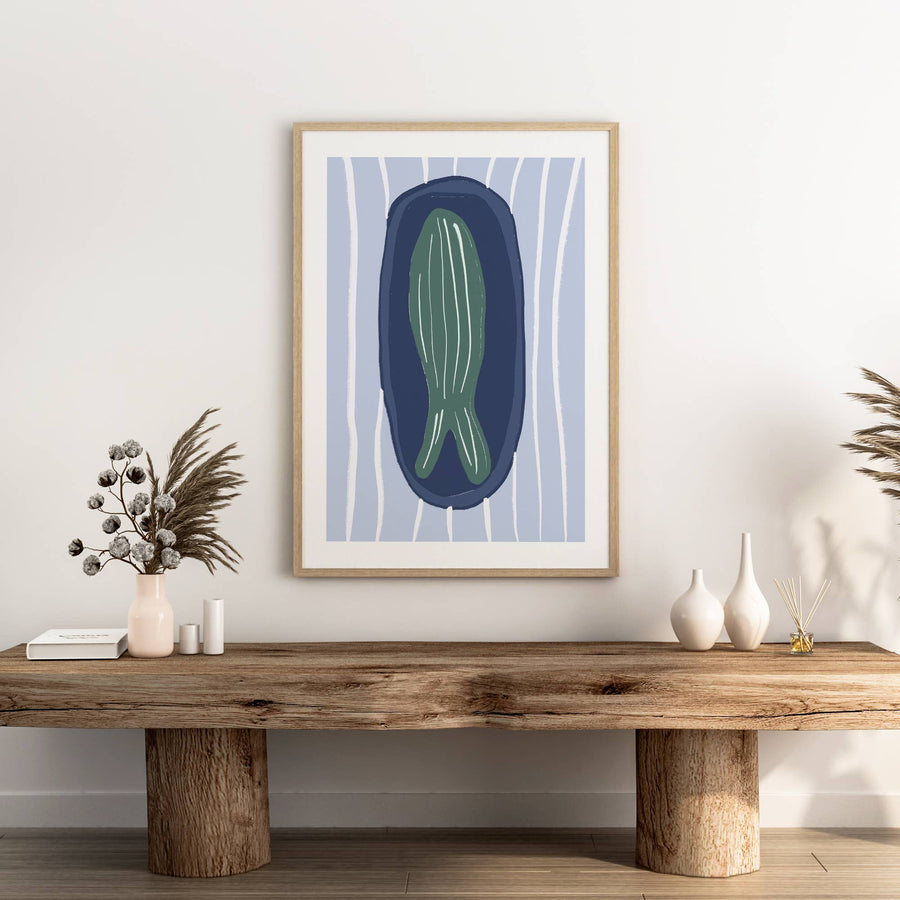 Green Fish on Navy Blue Plate