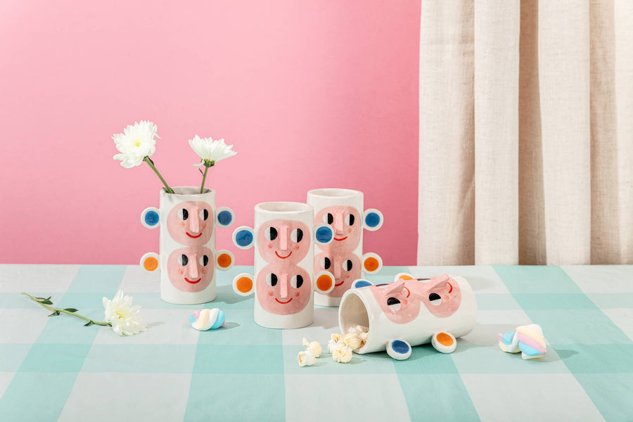 Double Face with Orange & Blue Ears / Ceramic Vase