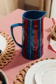 Hand-Painted Striped Jug — Light Blue / Red