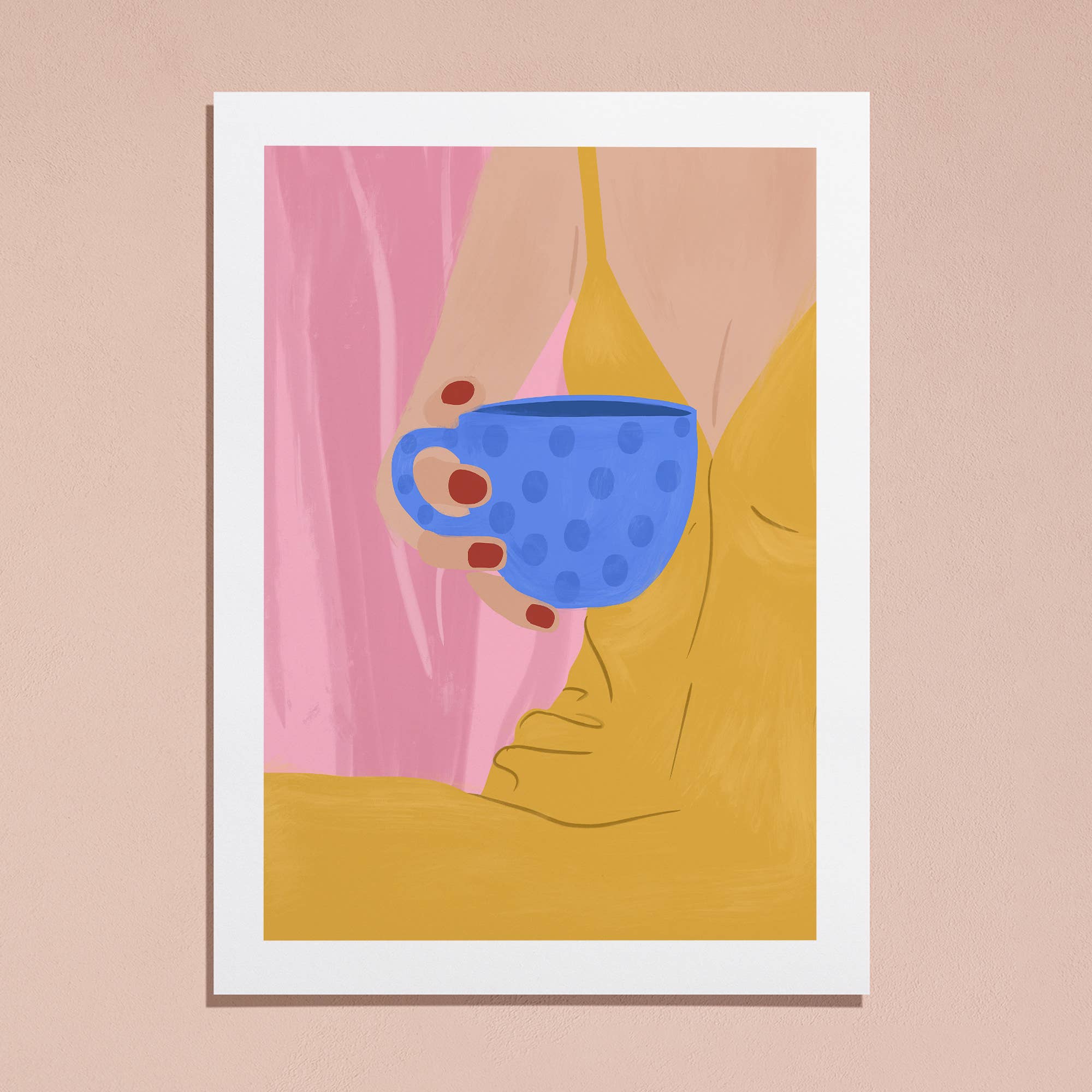 Woman in Yellow Dress with Blue Cup