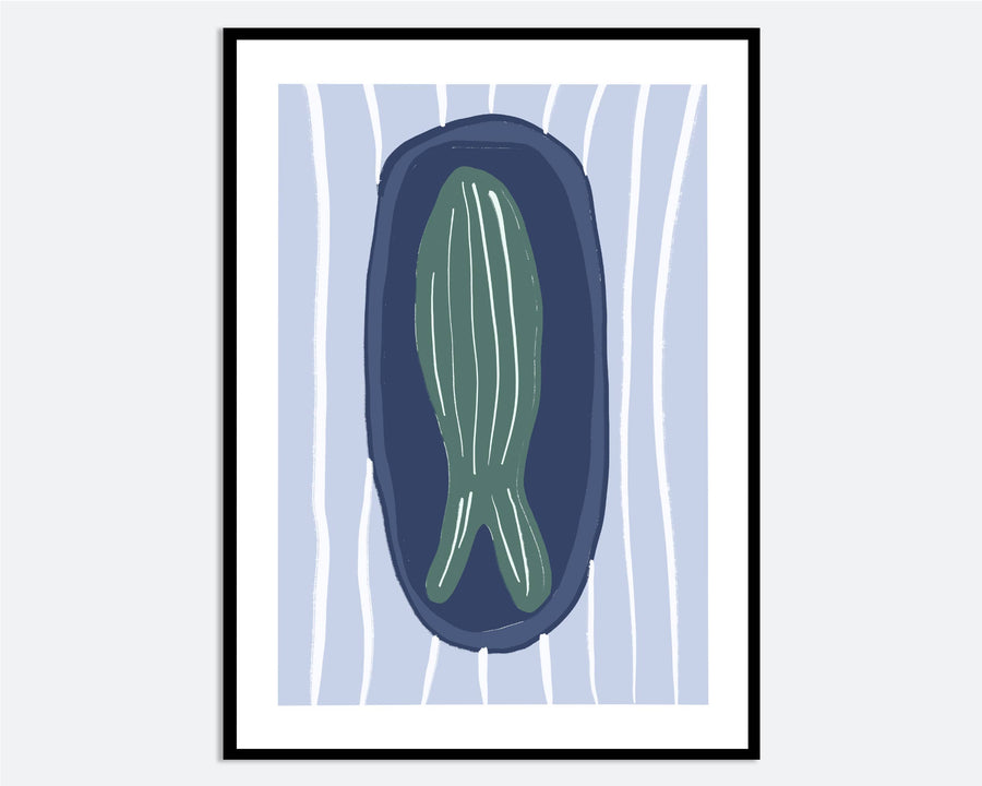 Green Fish on Navy Blue Plate